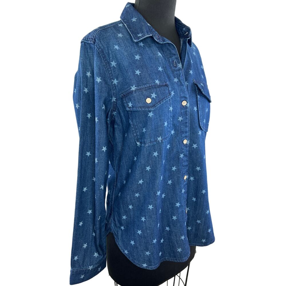 GAP 1969 Blue Star Print Button Down 2 Pocket Denim Cotton Boy Shirt M Medium